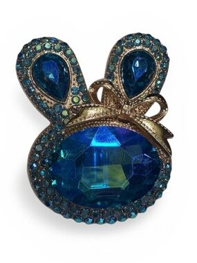 Crystal Bunny Brooch with Gold Bow - Blue